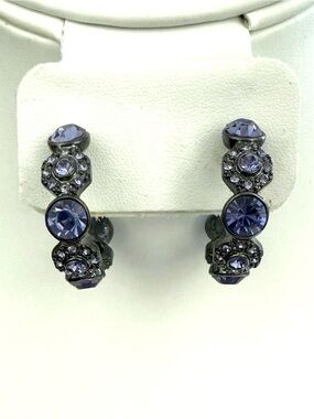 Signed Givenchy Crystal Hoop Earrings Gunmetal Purple Rhinestone Designer